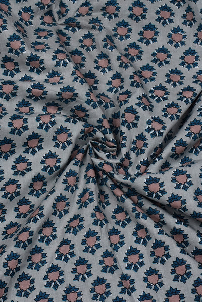 (Cut Piece 0.50 Mtr) Gray Flower Print Cotton Fabric
