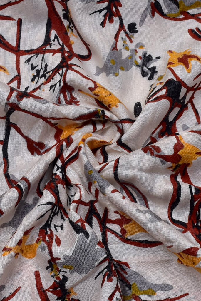 Off White Flower Print Rayon Fabric