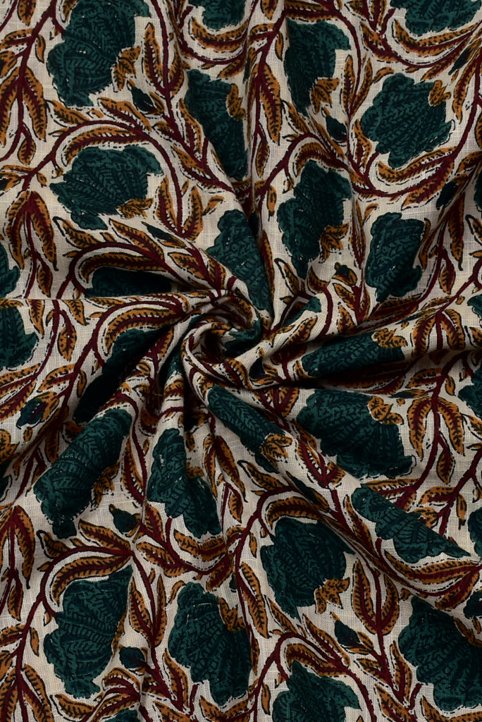 Dark Green Flower Print Cotton Fabric