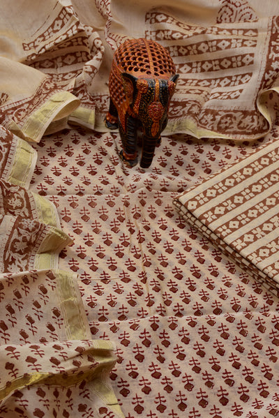 Cream Flower Print Chanderi Unstitched Suit Set
