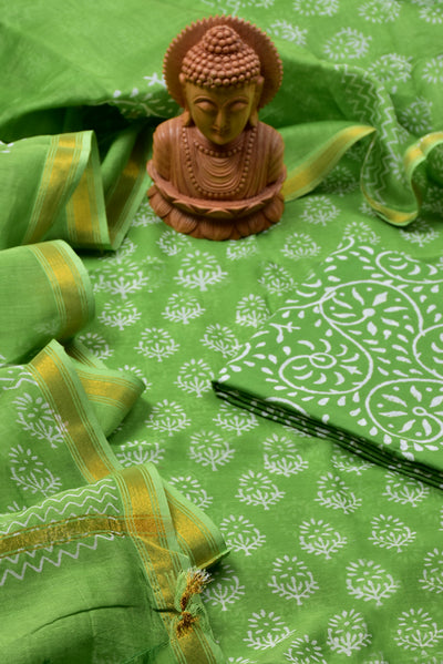 Green Leaf Print Chanderi Silk Unstitched Suit Set with Chanderi Silk Dupatta