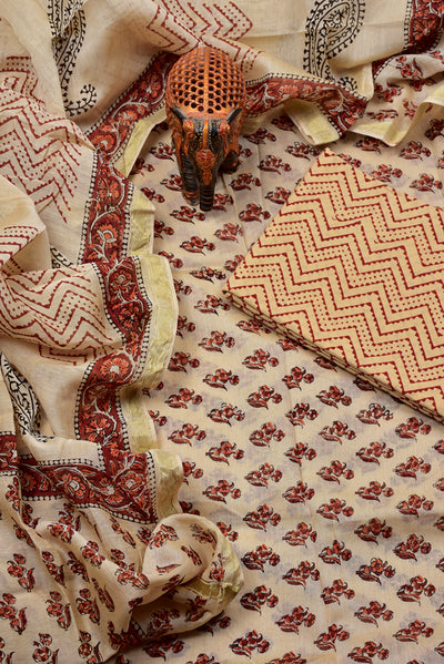 Brown Flower Print Chanderi Silk Unstitched Suit Set with Chanderi Silk Dupatta