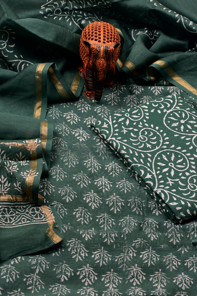 Green Leaf Print Chanderi Silk Unstitched Suit Set with Chanderi Silk Dupatta