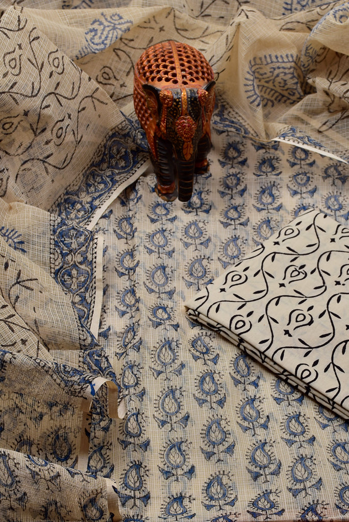 Cream Flower Print Cotton Suit Set with Kota Doria Duppatta