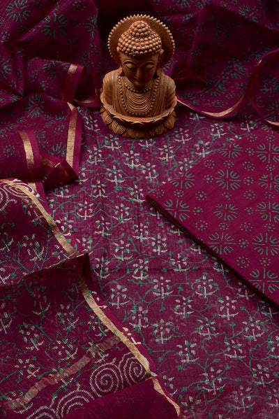 Red Flower Print Cotton Suit Set with Kota Doria Duppatta