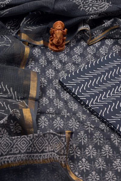 Black Marlin Flower Print Cotton Suit Set with Kota Doria Duppatta