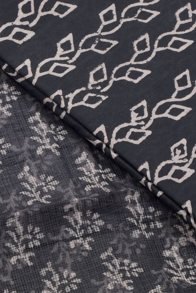 Black Marlin Leaf Print Cotton Suit Set with Kota Doria Duppatta
