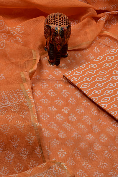 Orange Flower Print Cotton Suit Set with Kota Doria Duppatta