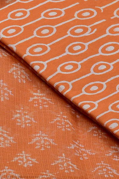 Orange Flower Print Cotton Suit Set with Kota Doria Duppatta