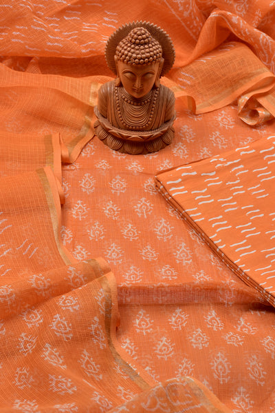 Orange Wave Print Cotton Suit Set with Kota Doria Duppatta