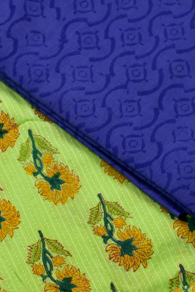 Green Flower Print Cotton Unstitched Suit Set with Chiffon Dupatta