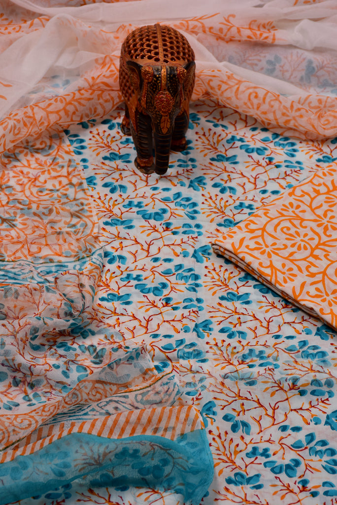 Orange Flower Print Cotton Unstitched Suit Set with Chiffon Dupatta