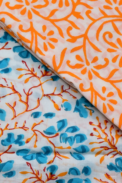 Orange Flower Print Cotton Unstitched Suit Set with Chiffon Dupatta