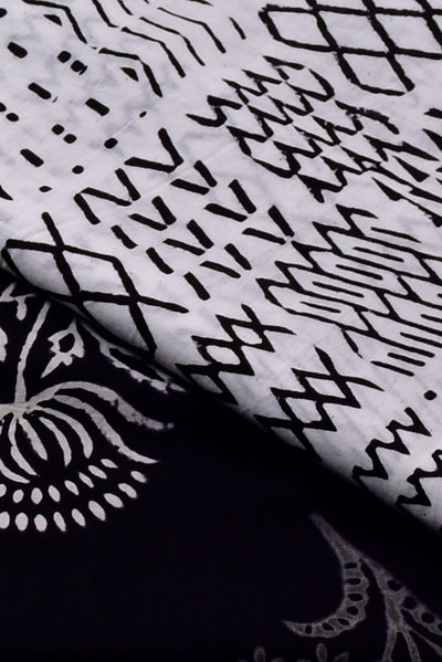 Black & White Flower Print Cotton Unstitched Suit Set with Chiffon Dupatta