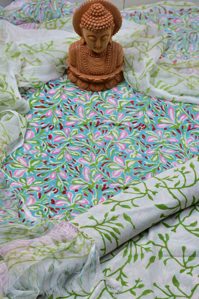 Multi Color Leaf Print Cotton Unstitched Suit Set with Chiffon Dupatta