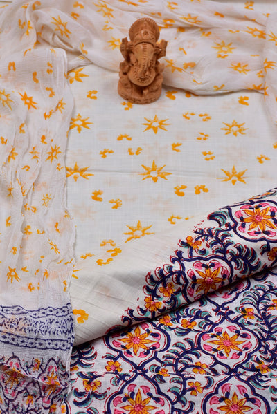 White & Yellow Flower Print Cotton Unstitched Suit Set with Chiffon Dupatta