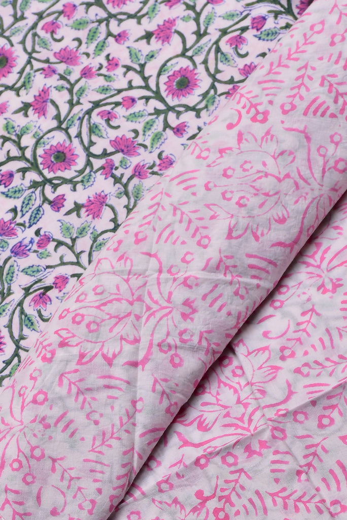 Pink White Flower Print Cotton Unstitched Suit Set with Chiffon Dupatta