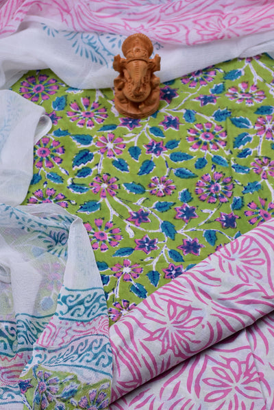 Green Flower Print Cotton Unstitched Suit Set with Chiffon Dupatta