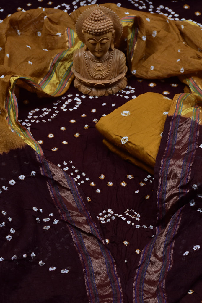 Brown Bandhej Print Cotton Unstitched Suit Set with Chanderi Dupatta