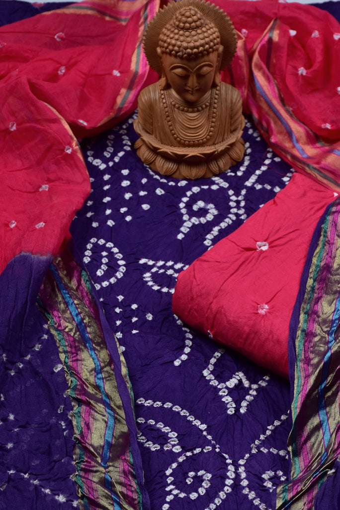 Blue & Pink Bandhej Print Cotton Unstitched Suit Set with Chanderi Dupatta