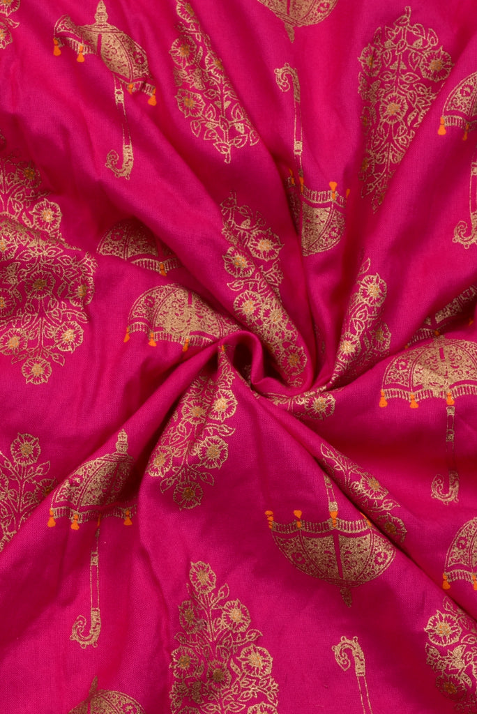Dark Pink Gold Umberella Flower  Print Rayon Fabric