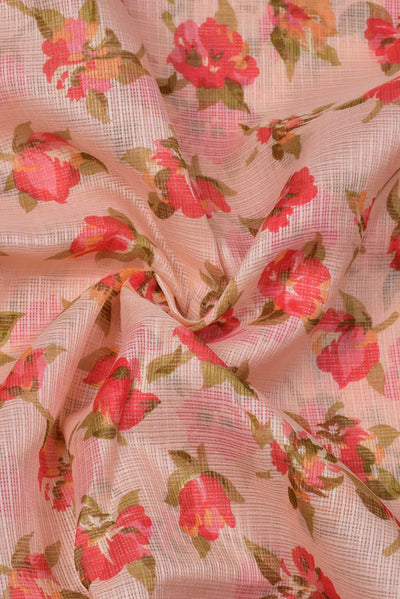 (Cut Piece 0.50 Mtr) Light Pink Flower Print Kota Doria Fabric