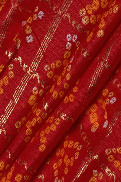 Red Bandhej Kota Doria Fabric with Gold Print