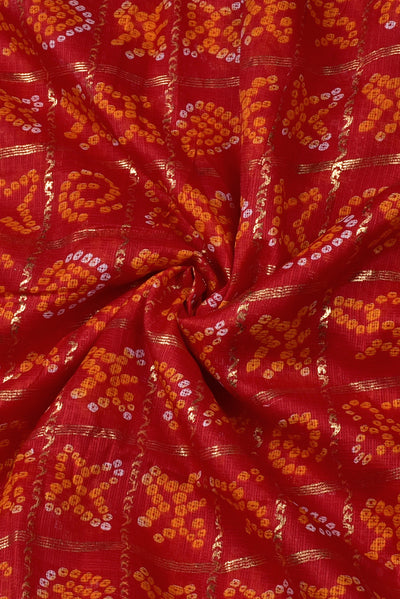 Red Bandhej Kota Doria Fabric with Gold Print