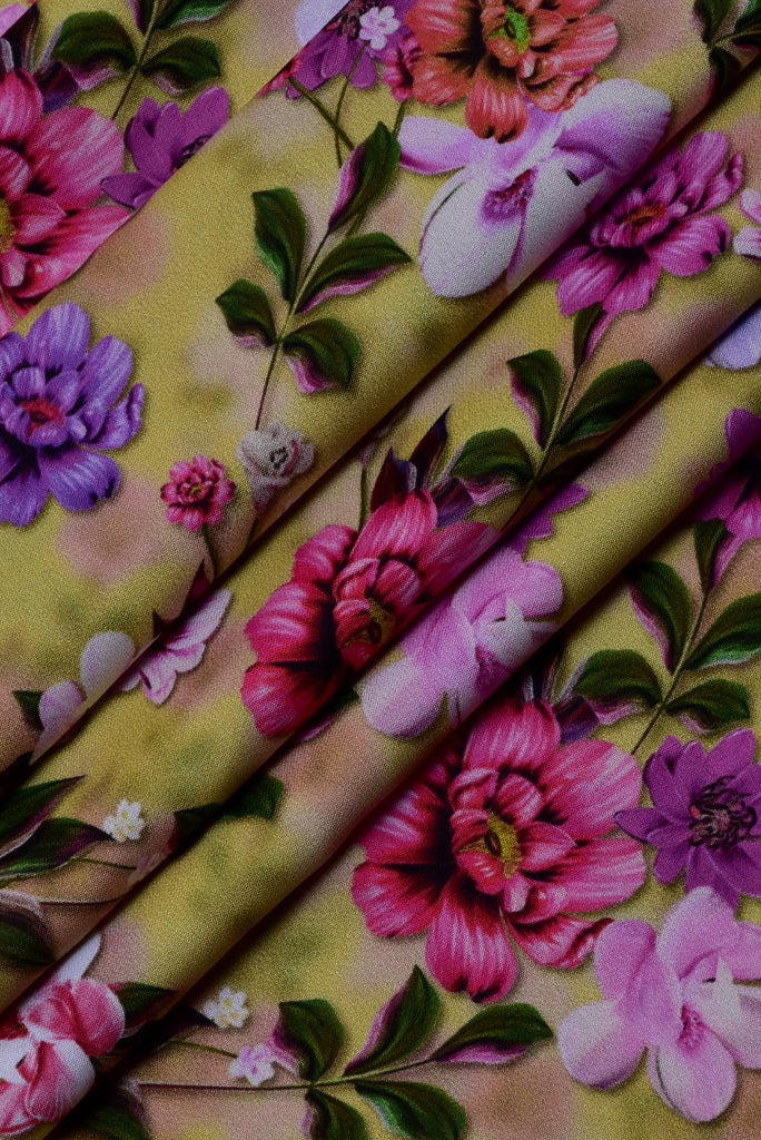 Yellow Flower Print Digital Crepe Fabric