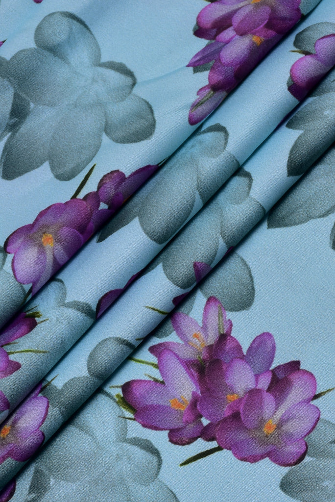 (Cut Piece 0.5 Mtr) Light Blue Flower Print Digital Crepe Fabric