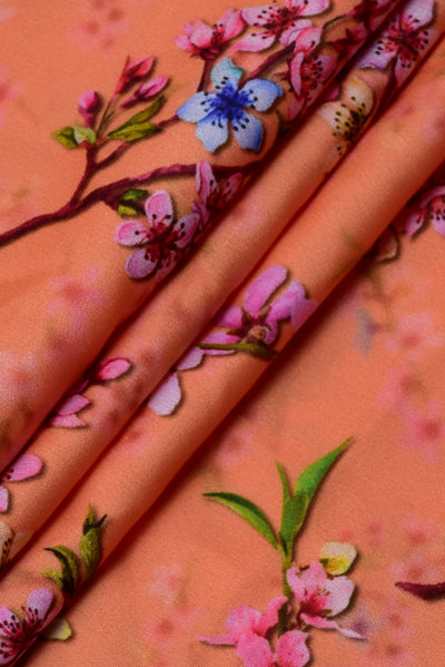 Orange Flower Print Digital Crepe Fabric