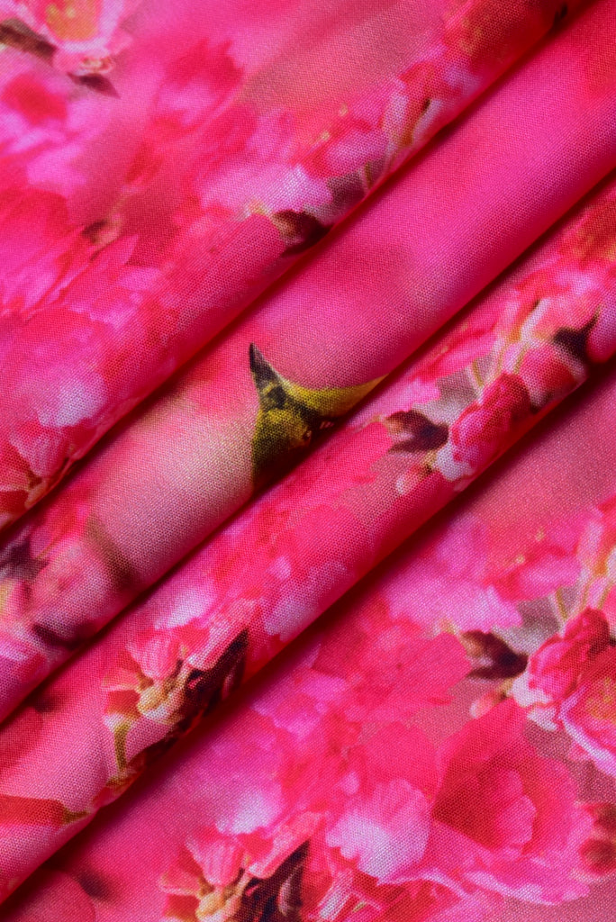 Pink Bird Print Digital Crepe Fabric