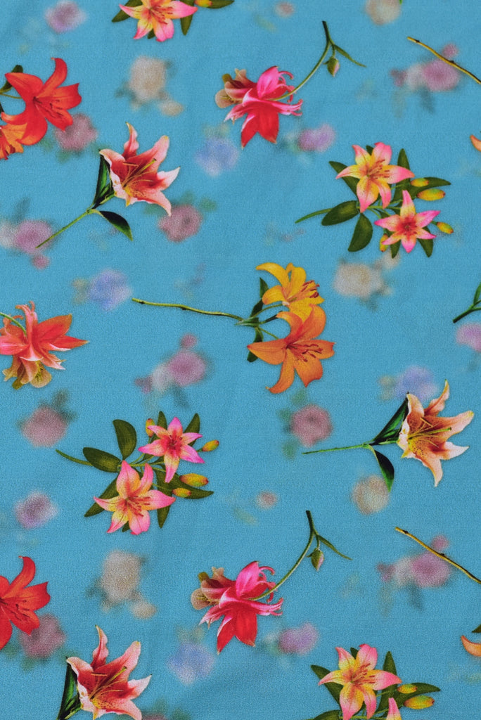 (Cut Piece 0.50 Mtr) Sky Blue Flower Print Digital Crepe Fabric