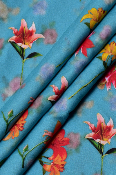 (Cut Piece 0.50 Mtr) Sky Blue Flower Print Digital Crepe Fabric