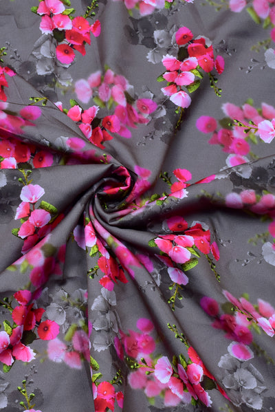 Gray & Pink Flower Flower Print Digital Crepe Fabric