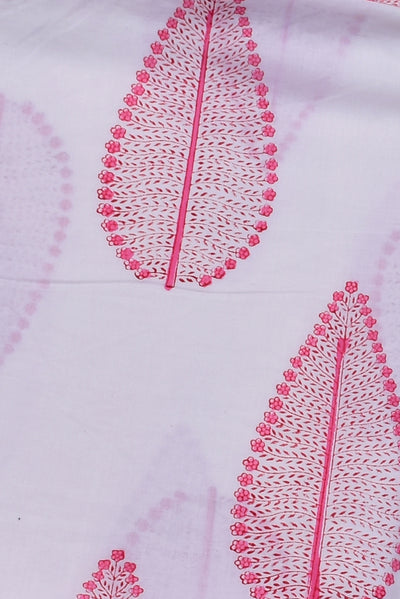 White & Pink Leaf Print Mal Cotton Fabric