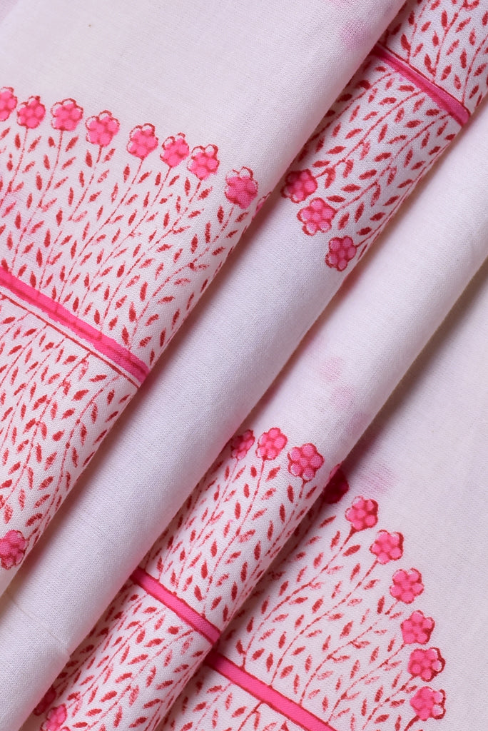 White & Pink Leaf Print Mal Cotton Fabric