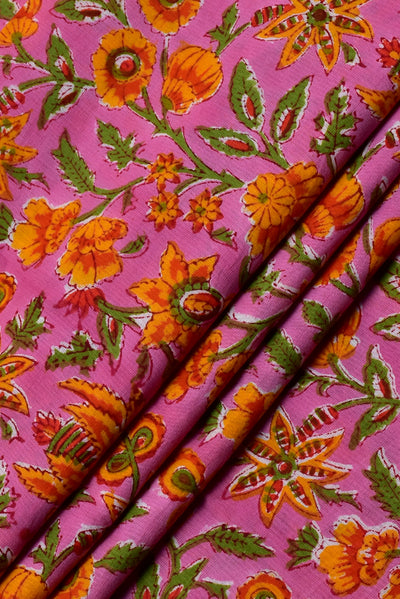 (Cut Piece 0.60 Mtr) Pink Flower Print Rayon Fabric