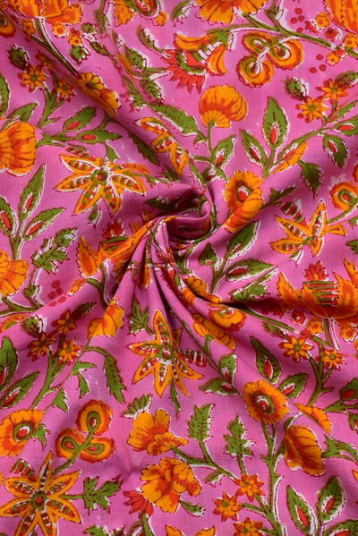 (Cut Piece 0.60 Mtr) Pink Flower Print Rayon Fabric