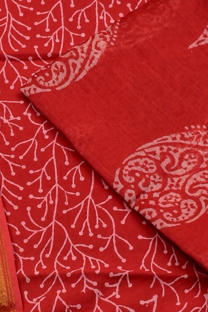 Red Leaf Print Chanderi Unstitched Suit Set with Chanderi Dupatta