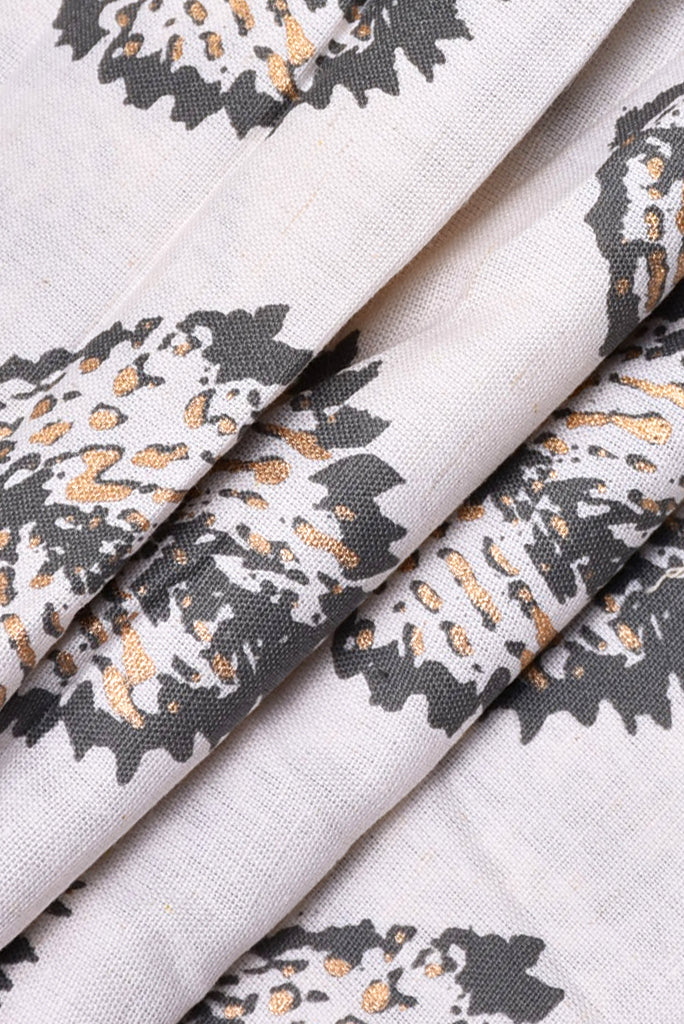 Grey  Gold Leaf Print Cotton Fabric