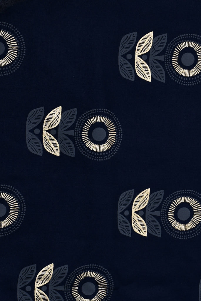 Navy Blue Cambric Gold Print Rayon Fabric
