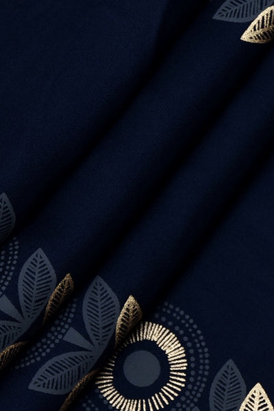 Navy Blue Cambric Gold Print Rayon Fabric