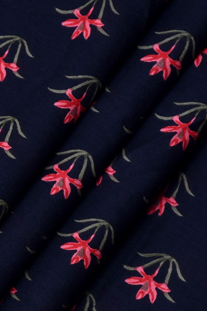 Navy Blue Flower Print Cambric Cotton Fabric