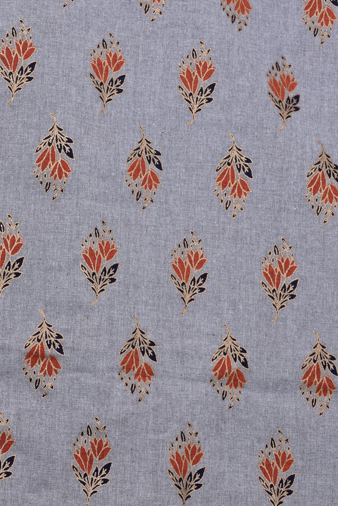 Grey Flower Print Cotton Fabric