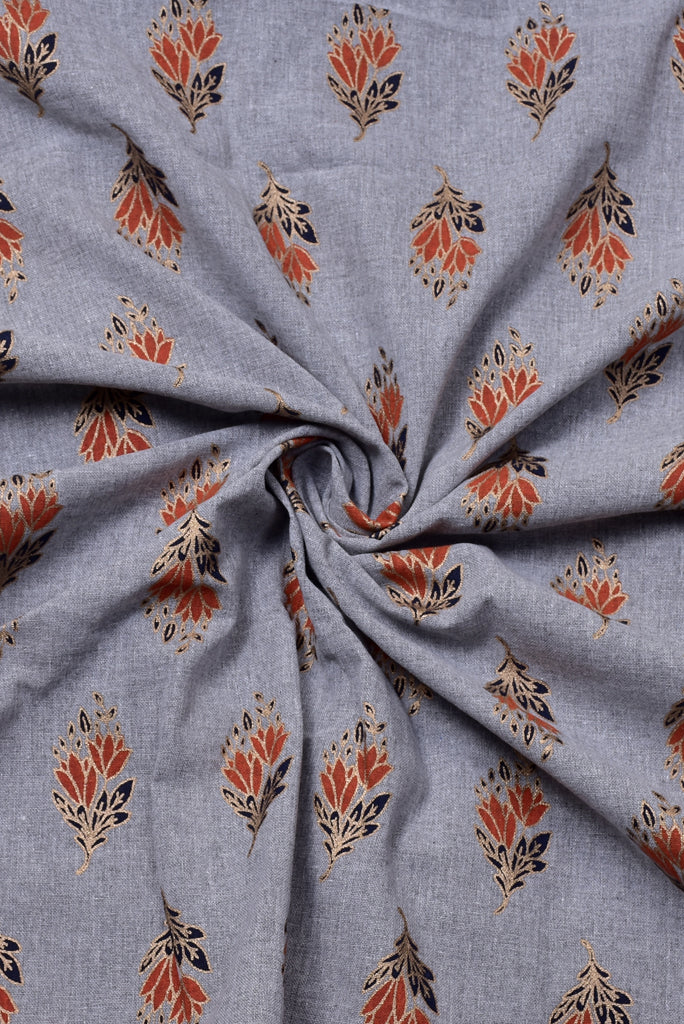 Grey Flower Print Cotton Fabric