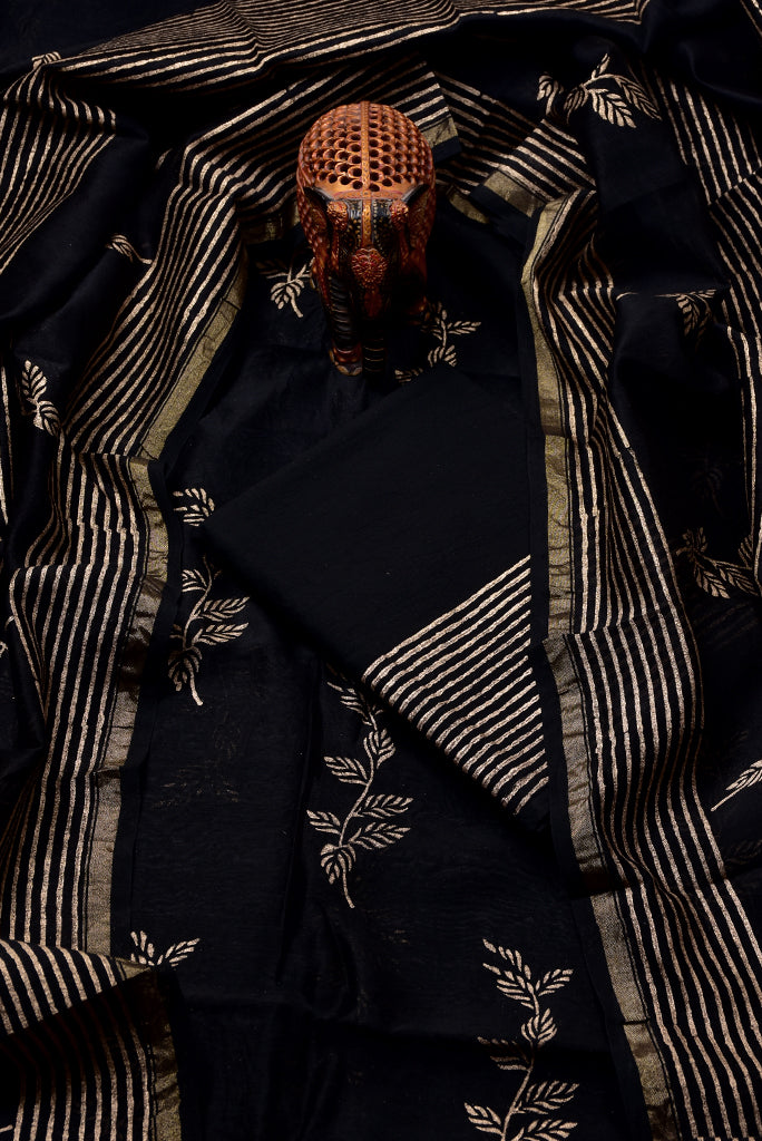 Black & Gold Leaf Print Chanderi Unstitched Suit Set with Chanderi Dupatta