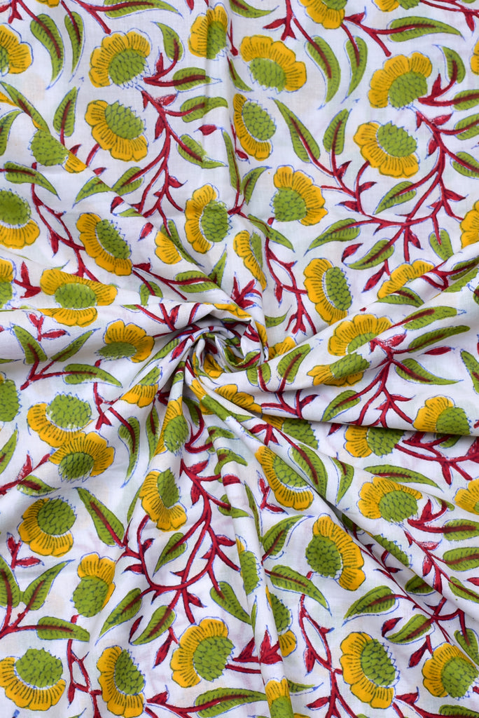 White with Yellow Flower Print Cotton Fabric