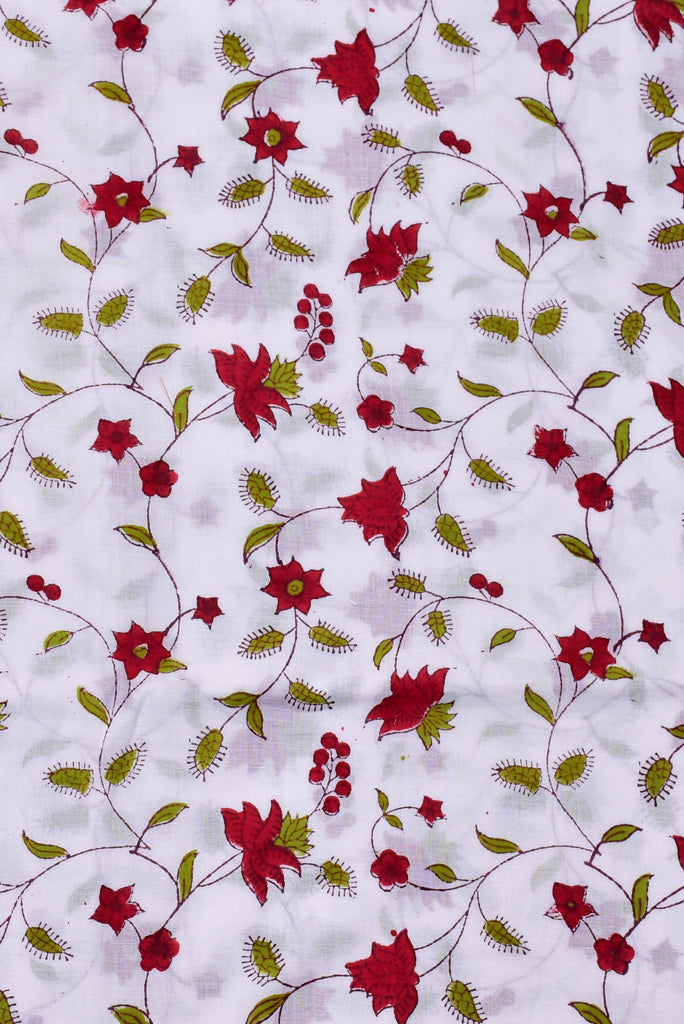 (Cut Piece 0.55 Mtr) White with Pink Flower Print Cotton Fabric