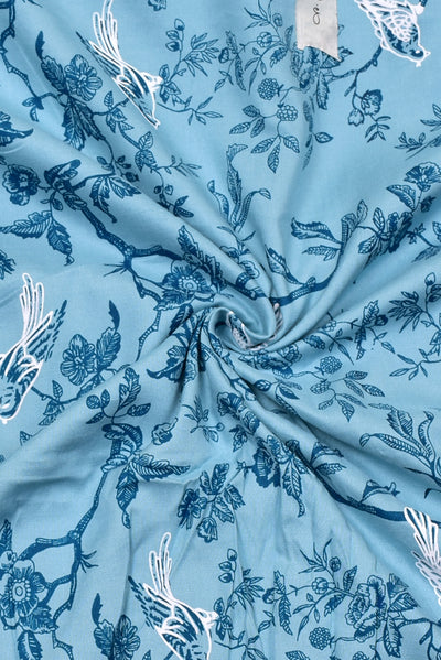 Sky Blue Bird Print Cotton Cambric Fabric